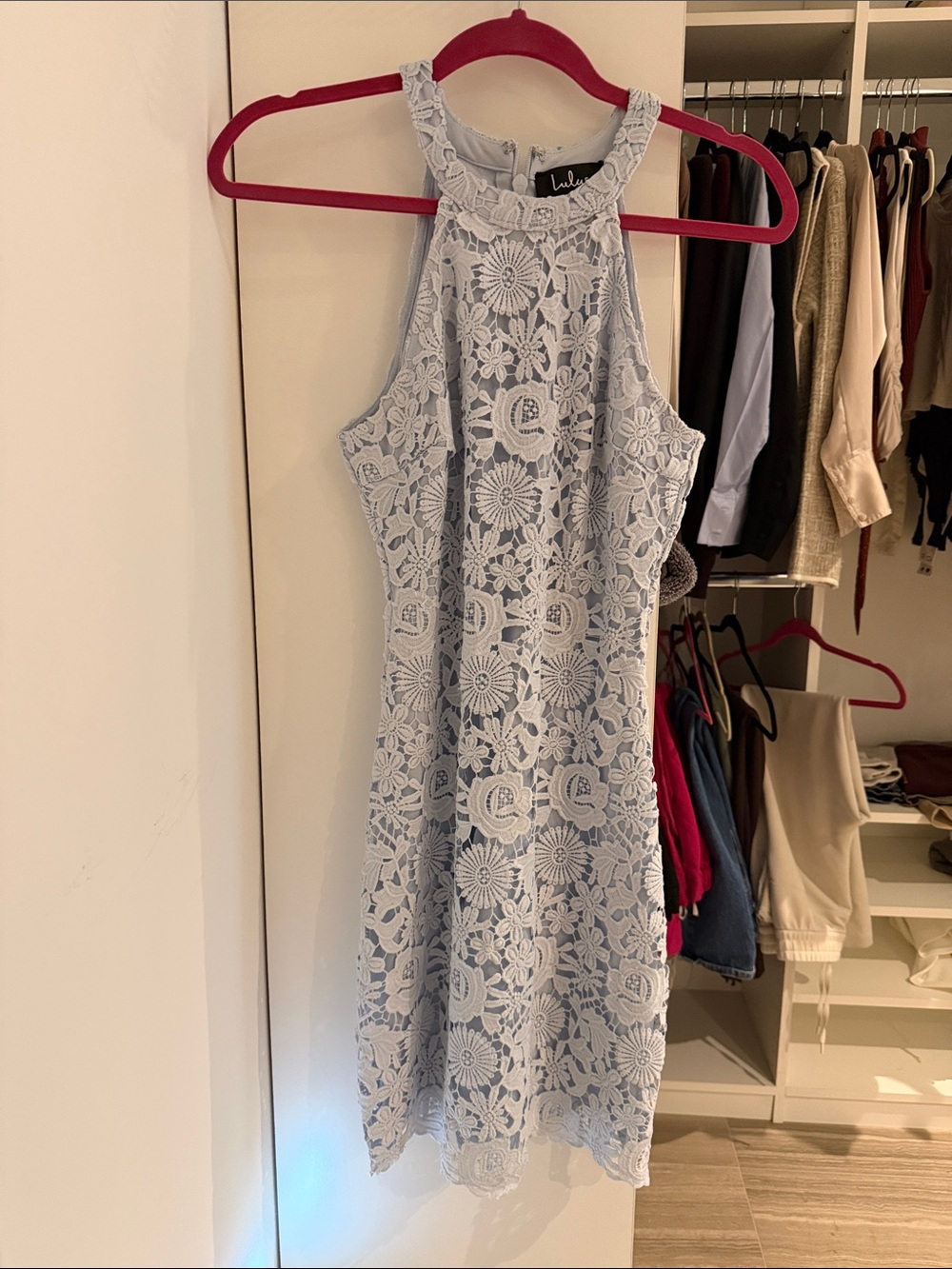 Lulu's Light Blue Crochet Halter Mini Dress